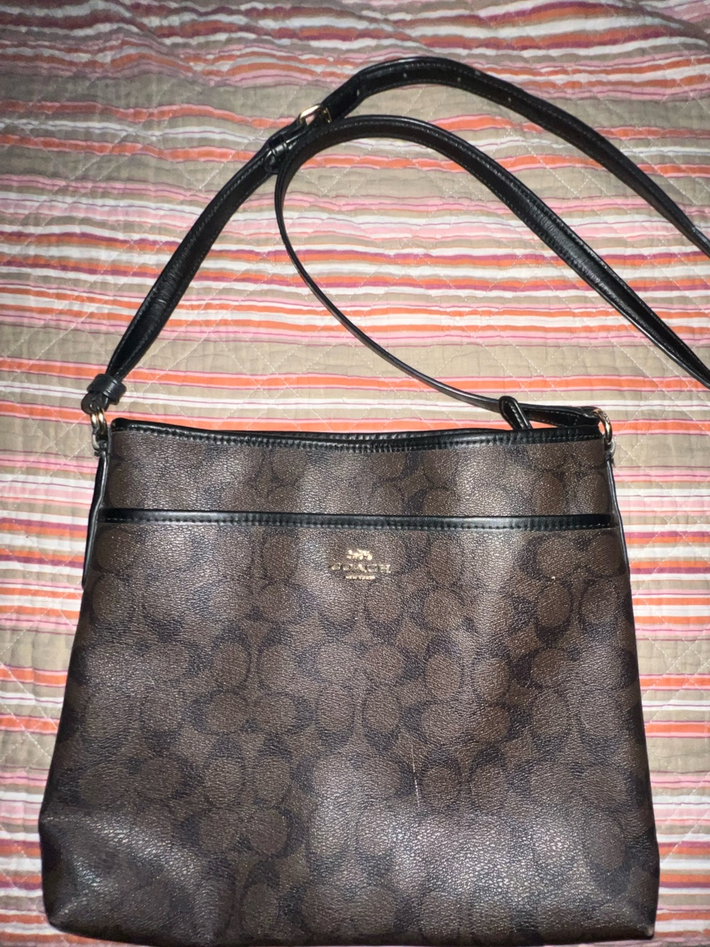 Coach Brown Signature Canvas Crossbody Bag with Black Trim